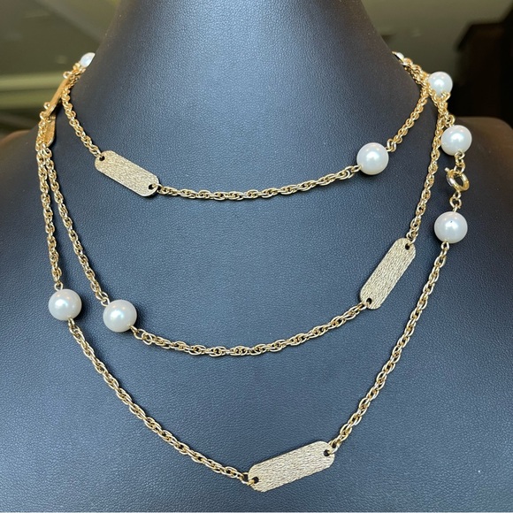Vintage Braided Twist Curb Link Rope & Faux Pearl Station Set Opera Necklace - Picture 1 of 4
